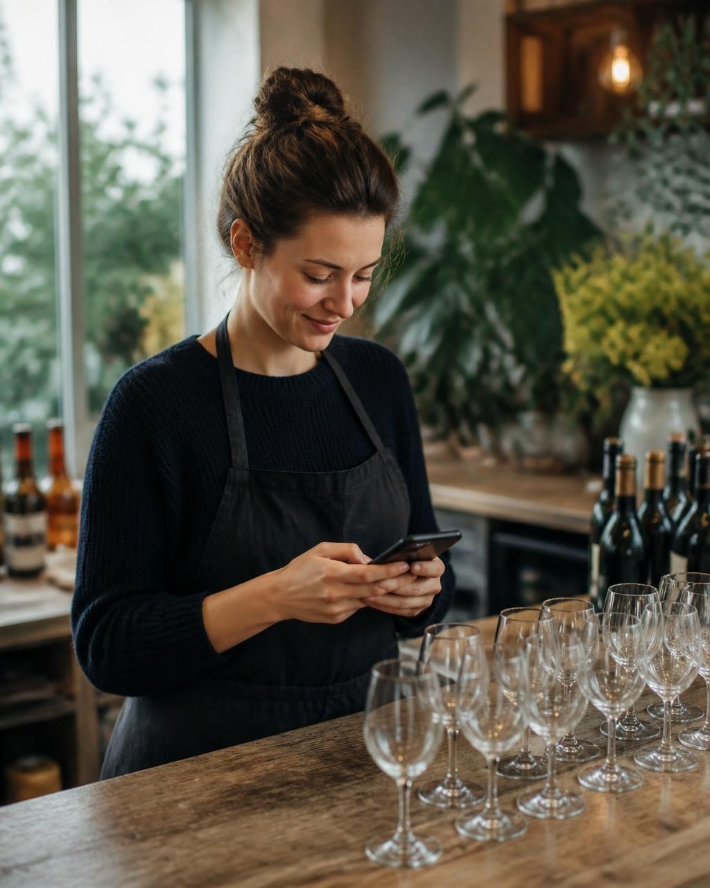 A tasting-room host checking her phone beside a row of prepared glasses
